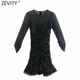 Women Sexy Sequined Dots Slim Pleated Mesh Dress Female Three Quarter Sleeve Chic Vestido Back Zipper Clothes DS4913 210420
