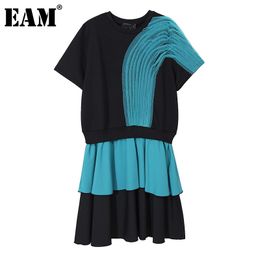 [EAM] Women Ruffles Black Mesh Big Size Midi Dress Round Neck Short Sleeve Loose Fit Fashion Spring Autumn 1DD6112 210512