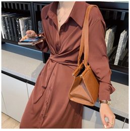 Spring And Autumn Office Women's Shirt Midi Dress Solid Color Casual Long Sleeve Vintage Bandage Female 210514