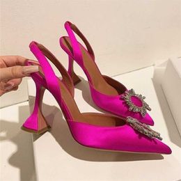 rose pink s sun flower high heel slingback woman shoes pointed toe INS crystal 220119