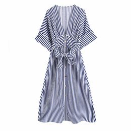 Casual Women V Neck Bow Lace Dress Summer Fashion Ladies High Street A-line Female Stripe Draw Back 210515