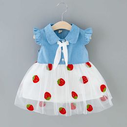 New Girl's Denim Splice Strawberry Print Tulle Princess Dress Sweet Bowknot Baby Girl Dress Girls' daily dresses vestido Q0716