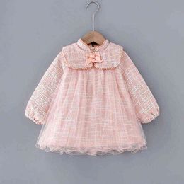 Spring Baby Girls Graceful Long Sleeve Cute Dress Elegant Bow Gauze Princess Dress Mesh Evening Dress Kids G1129