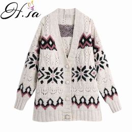 H.SA Autumn Spring V-Neck Knitted Striped Sweater Coat Cardigans Long Sleeve Women Poncho Sweaters Snowflake 210417