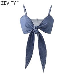 Women Spaghetti Strap Sexy Bow Knotted Chic Short Denim Camis Tank Ladies Summer Slim Crop Sling Tops LS9059 210420