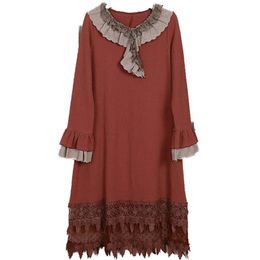 Casual Dresses Japanese Vintage Retro Mori Girl Cotton Linen Embroidery Crochet Women Long Flare Sleeve Autumn Dress Vestidos