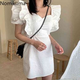 Nomikuma Korean Chic Summer Dress Ruffle Patchwork Square Collar Puff Sleeve Mini Dresses Women Slim Fit Vestidos Mujer 210514