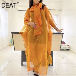 Women Orange Dress Big Size Floor Length Bow Neck Long Sleeve Loose Fit Fashion Tide Spring And Summer 3D1727 210421