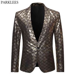 Gold Fish Scale Shiny Glitter Dress Blazer Men One Button Slim Fit Tuxedo Suit Jacket Male Dinner Party Stage Prom Costume Homme 210522