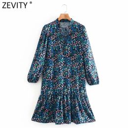 Women Vintage V Neck Lace Up Floral Print Hem Pleats Ruffles Dress Female Long Sleeve Casual A Line Vestido DS4847 210416