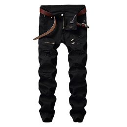Moto & Biker Jeans Men Black Distressed Slim Stretch Jogging Pants for Man Fake Zippers Hip Hop Mens Ripped Jeans Frayed No Belt X0621