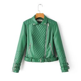 vintage women PU leather jackets spring green adjustable waist ladies coat fashion female jacket casual girls coats 210427