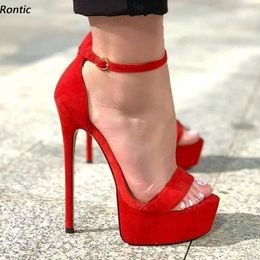 Rontic Women Platform Sandals Ankle Strap Faux Suede Sexy Stiletto Heels Open Toe Gorgeous Red Party Shoes Ladies US Size 5-20