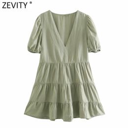 Women Elegant V Neck Pleat Patchwork Linen Shirtdress Female Puff Sleeve Summer Vestido Chic A Line Mini Dresses DS8328 210420