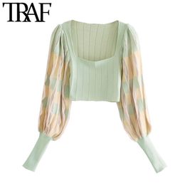 TRAF Women Fashion Pleated Cropped Knitted Blouses Vintage Square Collar Long Sleeve Female Shirts Blusas Chic Tops 210415