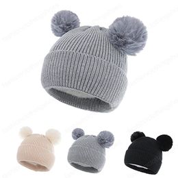 Toddler Solid Color Knitting Wool Caps with Double Fluffy Ball Autumn and Winter Plush Warm Newborn Hats Baby Headwear
