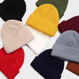 Knitted Winter Hats Stretchy Skull Cap Kids Bonnet High Quality Solid Colour Breathable Fashion Casual Cap Boys Ribbed Cuffed Hat Y21111