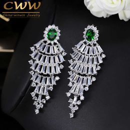 Vintage White Gold Colour Green Dangle Cubic Zirconia Crystal Big Long Tassel Statement Earrings For Women CZ240 210714