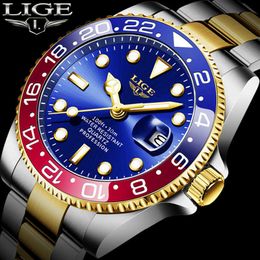 LIGE Design Brand Luxury Men's Watches Wristwatch Business Gold Watch Men Stainless Steel Waterproof Sport Quartz Clock+Box 210527