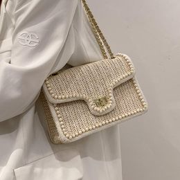 Evening Bags Weave Square Crossbody Bag 2021 Summer High-quality Straw Women's Designer Handbag Pearl Chain Shoulder Messenger Purses