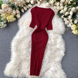 Summer Women's Dress European Style Sexy V-neck Solid Colour Knitted Pit Strip Tight-fitting Hip es GX074 210507