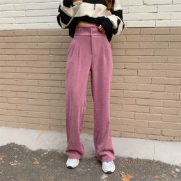 Pink Women Corduroy Bottom OL Solid Loose Thicken Straight High Waist Plus Size Chic Pants Casual Trousers Femme 210421