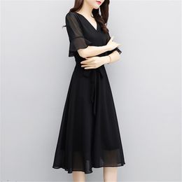 Summer chiffon dress fashion women long v-neck steetwear black party dresses Solid Vestidos verano plus size Sundress 210520