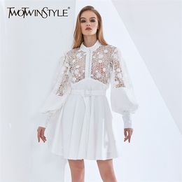 Sexy Patchwork Lace Dress For Women Stand Collar Lantern Sleeve High Waist Hollow Out Midi Dresses Female 210520