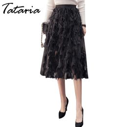 Women Midi Skirt Summer Style Jupe Femme Black High Waist Chiffon Skirts Womens Elegant A-Line Saias Feminina Tulle 210514