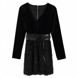 PERHAPS U Black V Neck Velvet Empire Long Sleeve Short Mini Tassel Patchwork Dress Autumn Sash Zipper Autumn D0836 210529