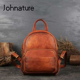 Johnature 2021 New Genuine Leather Softback Zipper Arcuate Shoulder Strap Silt Pocket Vintage Casual Hard Handle Women Backpack Q0528