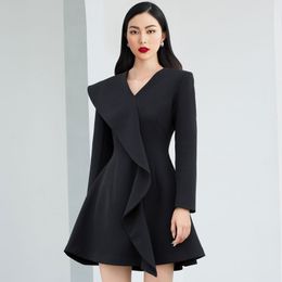 Spring Laides Black Dress Women's Banquet Ruffle High Waist Slim Full Sleeve V Collar Office Lady Fashion QB0100 210510