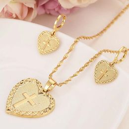 Heart cross Jewellery sets Classical Necklaces Earrings pendant Set 18 K Yellow Solid Gold Arab/Africa Wedding Bride's Dowry