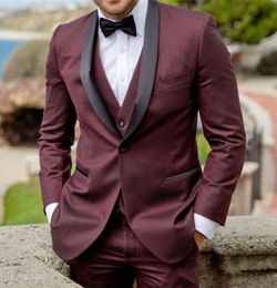 Brand New Burgundy Groom Tuxedos Black Satin Shawl Lapel Groomsmen Mens Wedding Dress Excellent Man Jacket Blazer 3 Piece Suit(Jacket+Pants+Vest+Tie) 1803