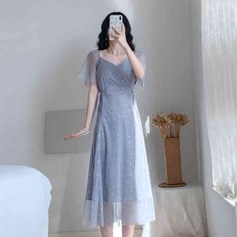 Summer Elegant V-Neck Flare Sleeve Mesh Female Vestidos Women Sky Blue Solid Slim A Line Office Midi Dresses Robe 210514