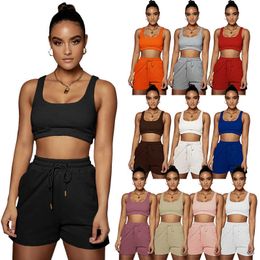 Summer Streetwear Black 2 Two Piece Sets Womens Outfits Cami Strap Sleeveless Crop Top Biker Pocket Shorts Sets Tracksuit Y0702