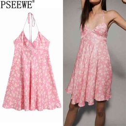Pink Floral Dress Woman Halter Mini Women Strappy Backless Short Summer es Ladies Beach Sexy es 210519