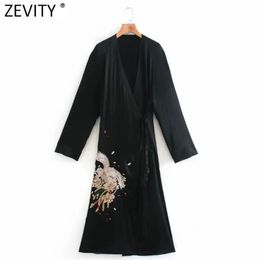 Women Vintage Cross V Neck Phoenix Embroidery Casual Kimono Midi Dress Ladies Chic Lace Up Black Vestido DS4947 210416