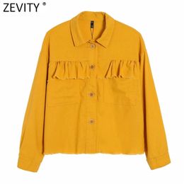 Women Vintage Cascading Ruffle Pockets Patch Yellow Shirt Coat Female Long Sleeve Single Breasted Jacket Chic Tops CT700 210416