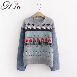 H.SA Women Winter Retro Pullover Jeans Patchwork Christmas Tree Sweater and Pull Jumpers Casual Print Sweatet 210417