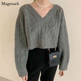 Autumn Korean Long Sleeve Knitted Sweater Short Winter V-neck Pullover Women Sweaters Twist Solid Loose Jumper 11644 210512