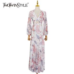 Print Patchwork Hollow Out Dress For Women V Neck Lantern Long Sleeve High Waist Maxi Dresses Female Summer Fashion 210520