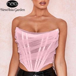 NewAsia Boning Mesh Corset Tops Women Slash Neck Backless Ruched Sexy Summer Crop Top Pink Strapless Tank Top Lavender Cropped 210413