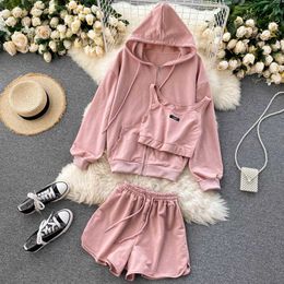 Pink Cotton Fashion 3 Piece Sets Casual Long Sleeve Hooded Hoodies Jacket + Short Camisole + Elastic Waist Shorts Preppy Wild 210610