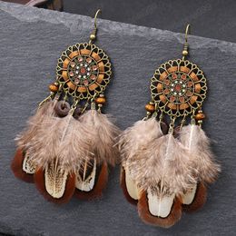 Vintage Women's Brown Natural Feather Earring Hollow Alloy Rhinestone Dangle Earrings Bohemia Wood Bead Pendant Tassel Jewelry