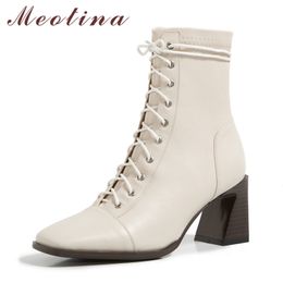 Short Boots Women Shoes Real Leather High Heel Ankle Square Toe Block Heels Cross Tied Ladies Beige 33-41 210517