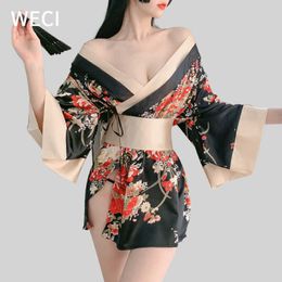 WECI Women's Kimono Sleepwear Silk Pajamas Cosplay Female Japanese Costume Black Red Sexy Lingerie Exotic Night Dress Underwear 210924