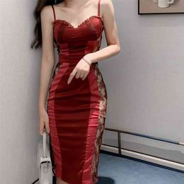 Dress women lace embroidery sexy wine red suspenders Polyester Office Lady Sheath Solid Sleeveless 210416