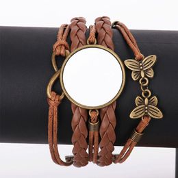 Sublimation Bracelet Favor Brown Leather Cord Wristband DIY Blanks Alloy Round Jewelry Couple Bracelet Valentine Gift
