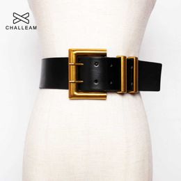 Belts Fashion Women Wide Belt Gold Big Mental Double Pin Buckle Female Black PU Leather Belts Dress Coat Waist Corset Strap 203 Z0223